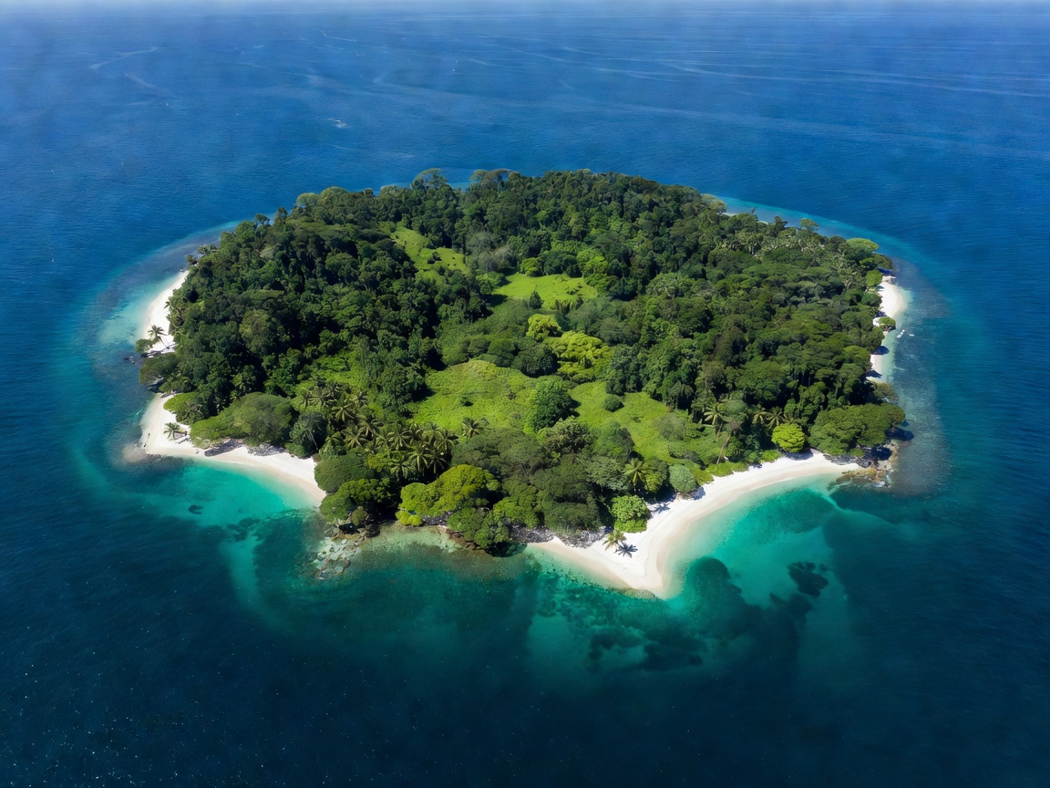 Aerial view of a green island surrounded by blue water