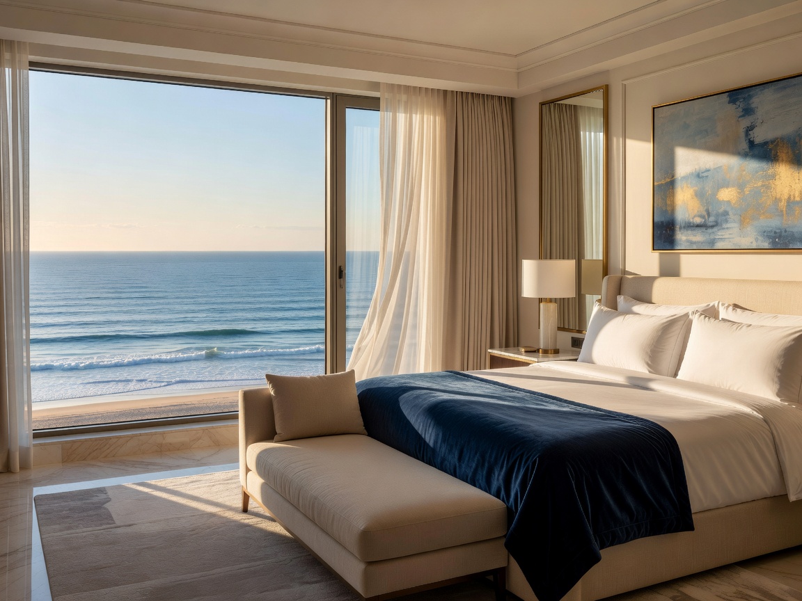 Beautifully appointed hotel room facing the ocean
