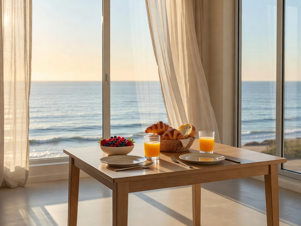 Bright breakfast space with ocean light