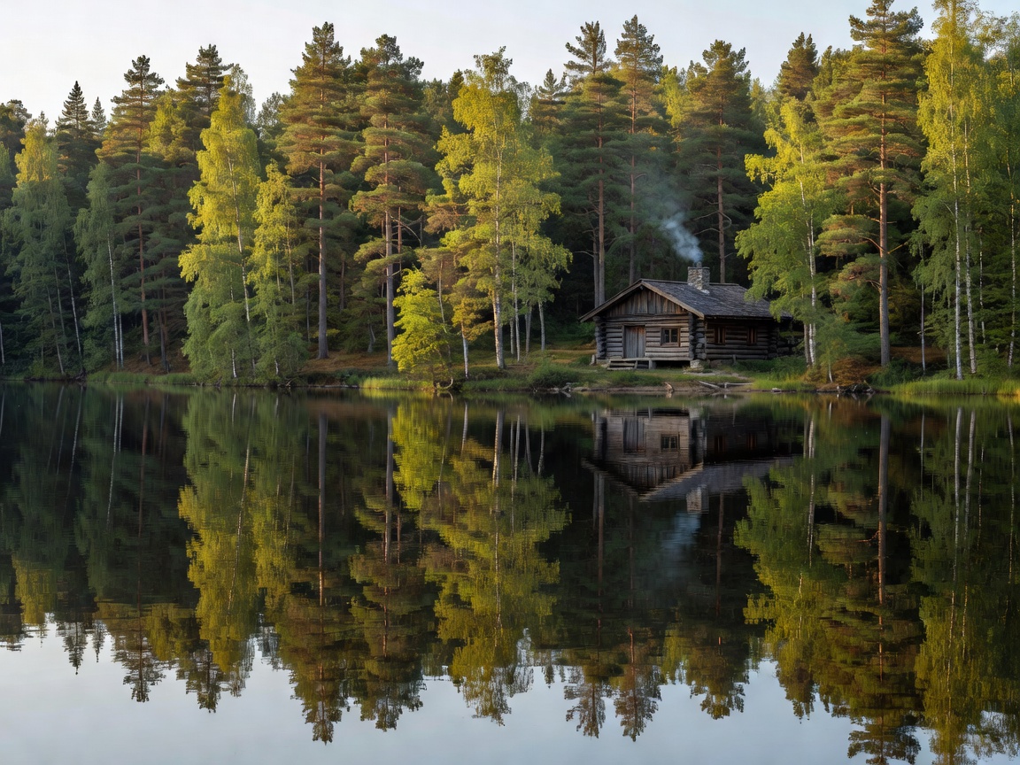 Calm lake surrounded by trees and a lodge