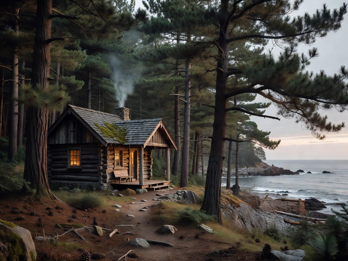 Cozy coastal cabin surrounded by pine trees near the shore