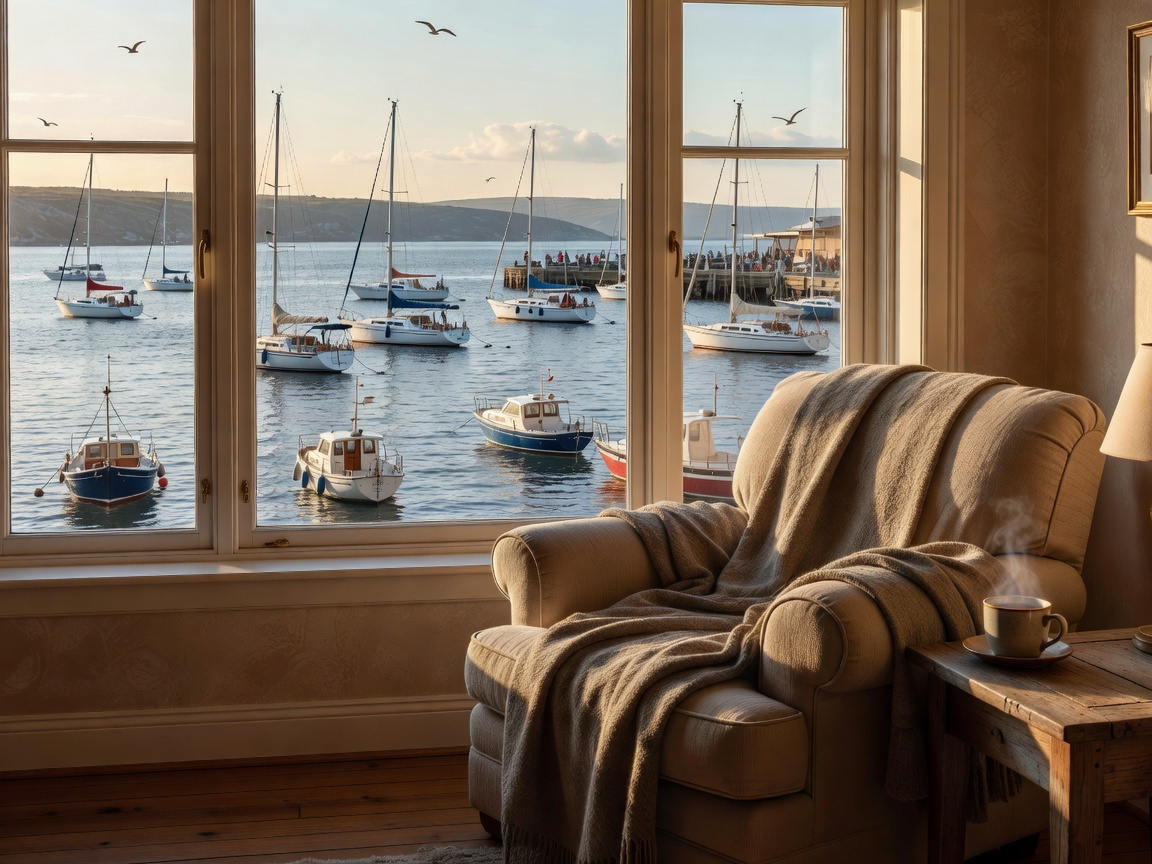 Cozy room overlooking a harbour full of boats