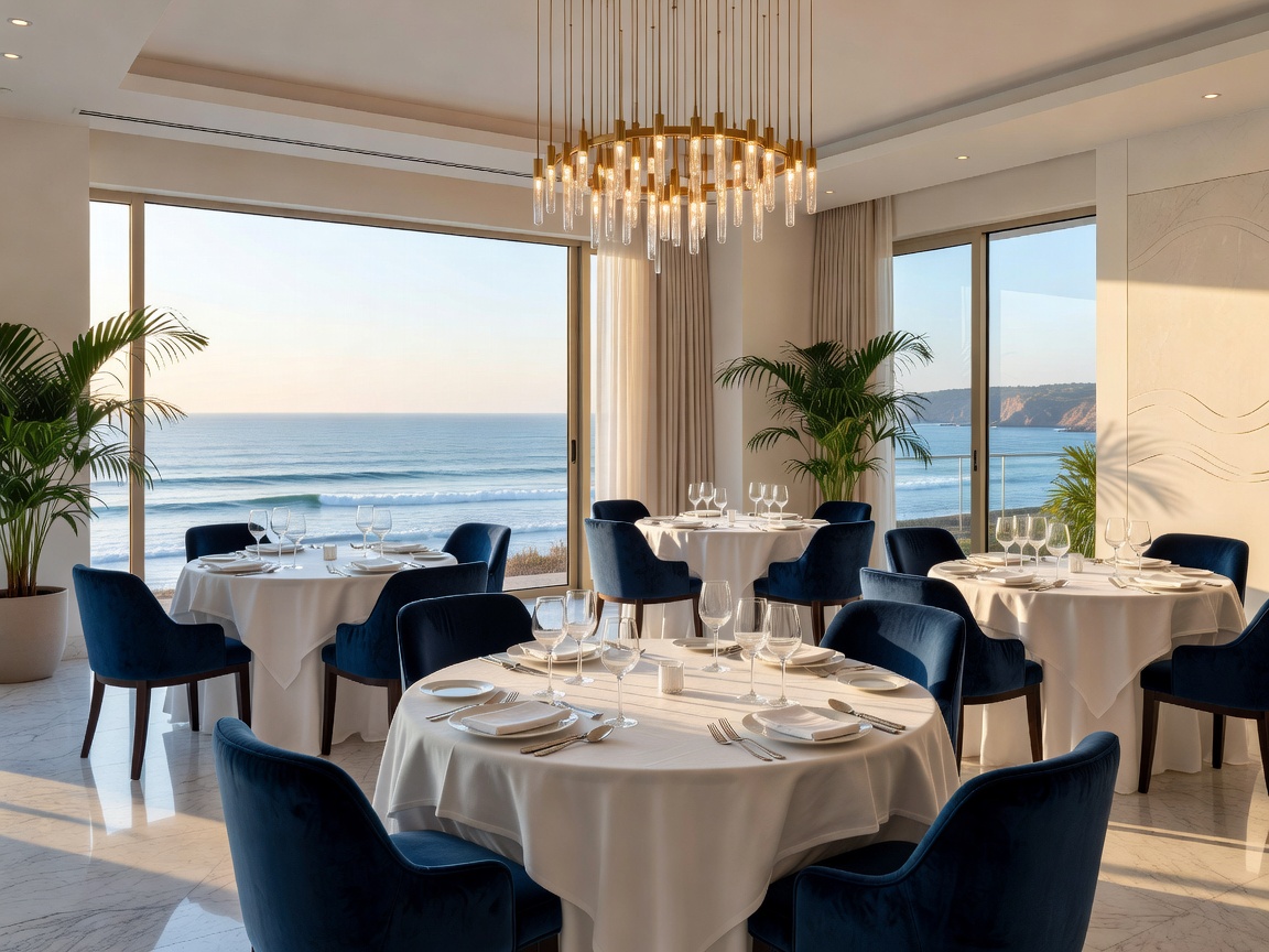 Elegant restaurant room inside a coastal resort