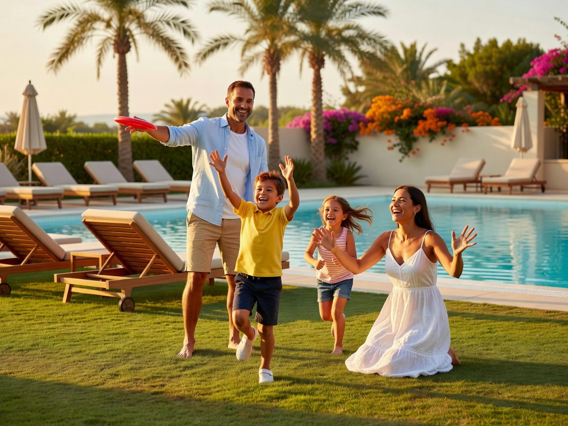 Family playing near a resort outdoor space