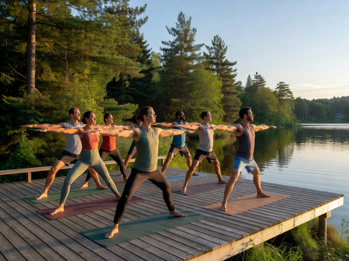 Group practicing yoga on an outdoor wooden deck