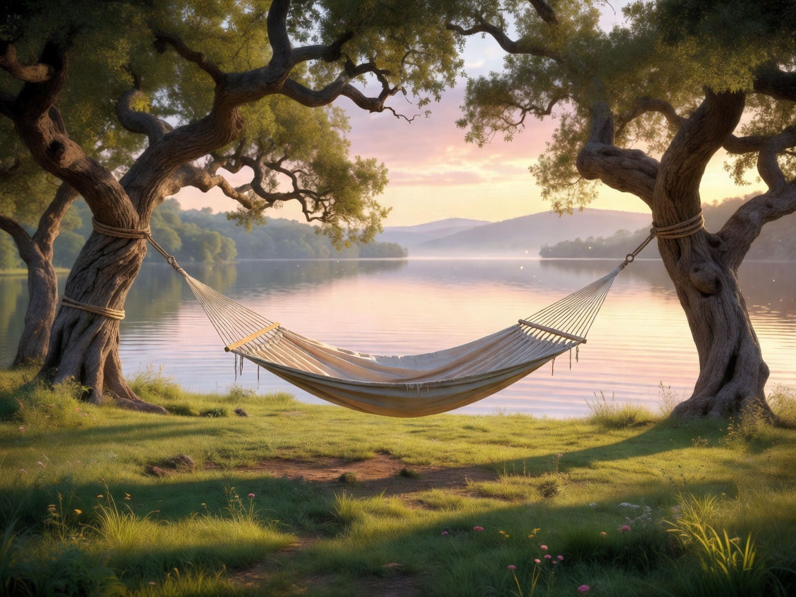 Hammock suspended outdoors near the water