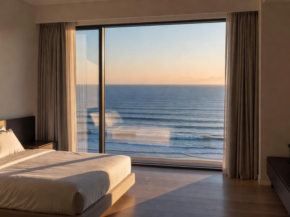 Hotel room with a large window facing the ocean