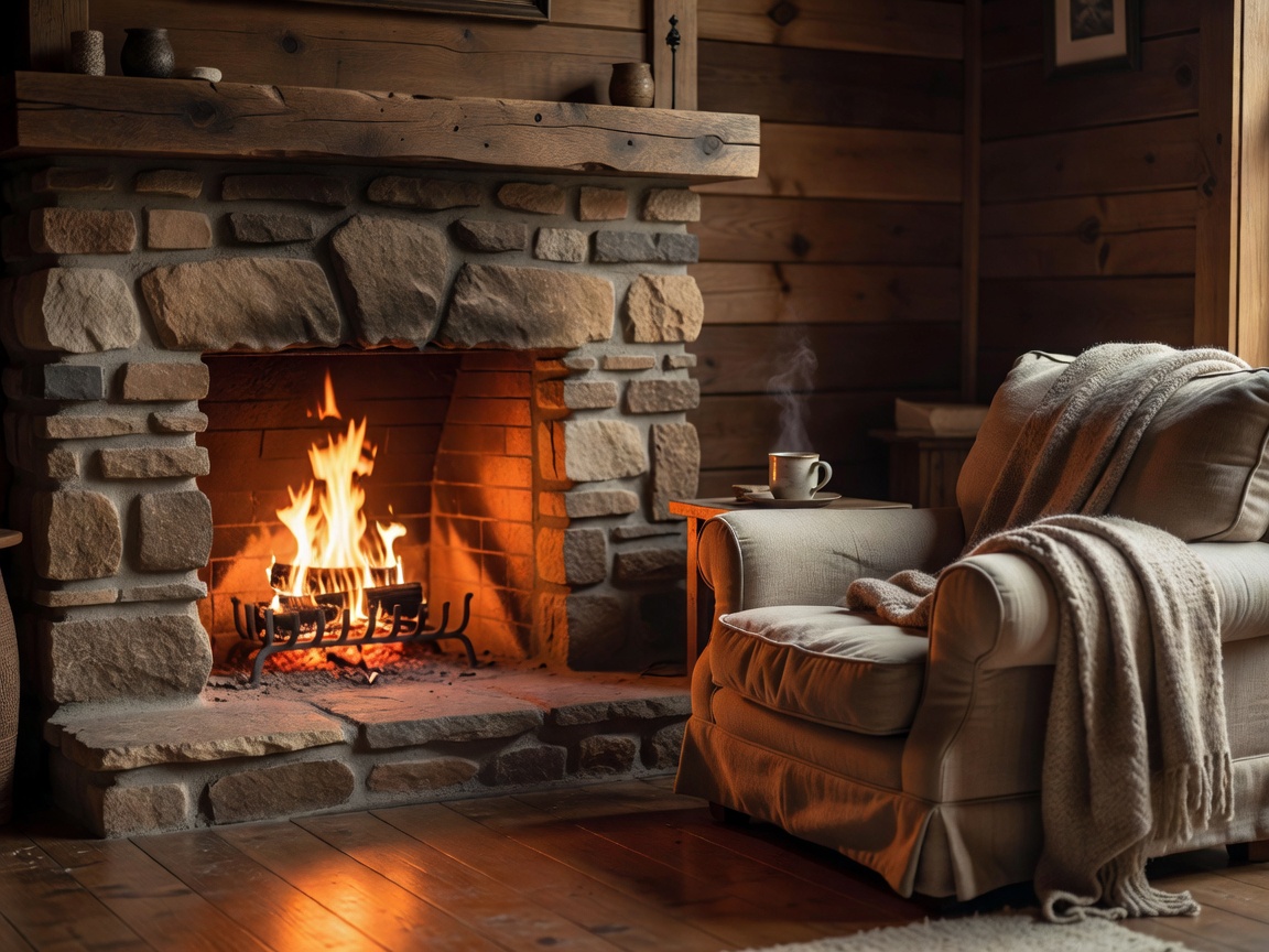 Interior of a private cottage with a fireplace