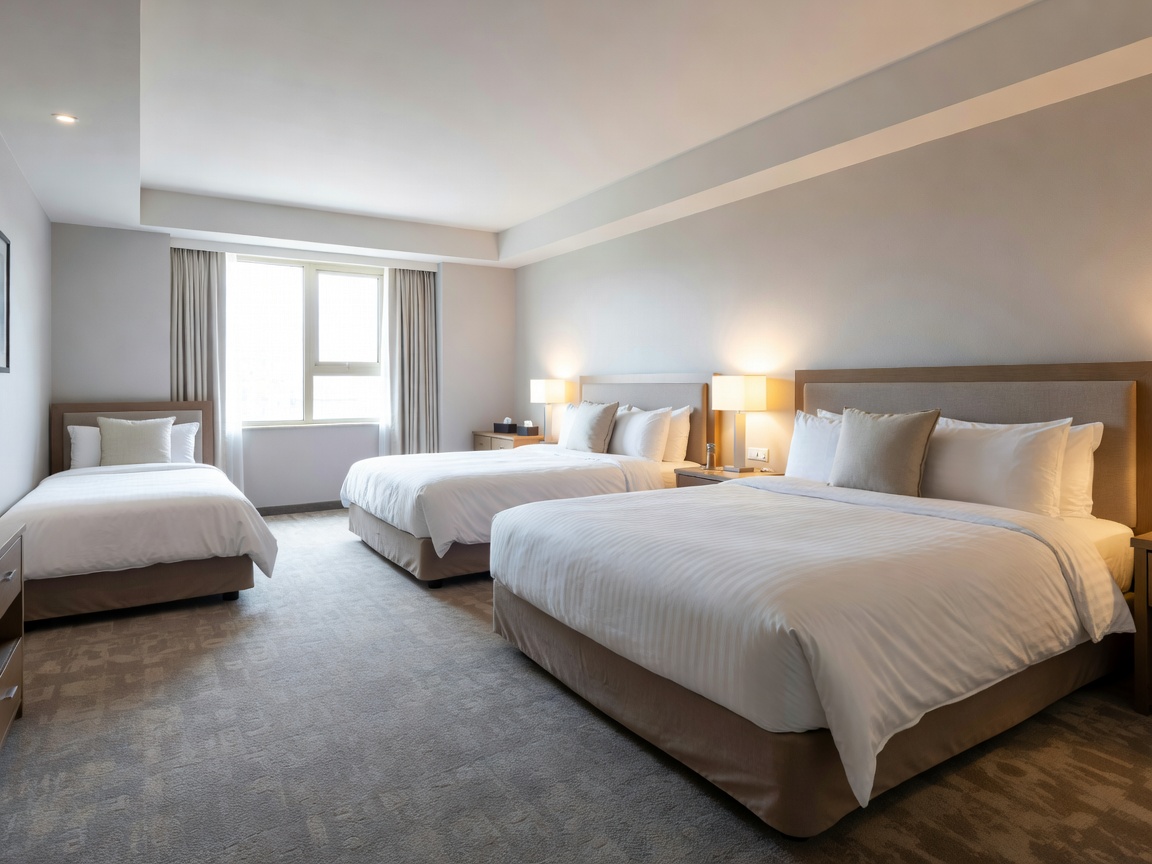Large hotel room with multiple beds for a family
