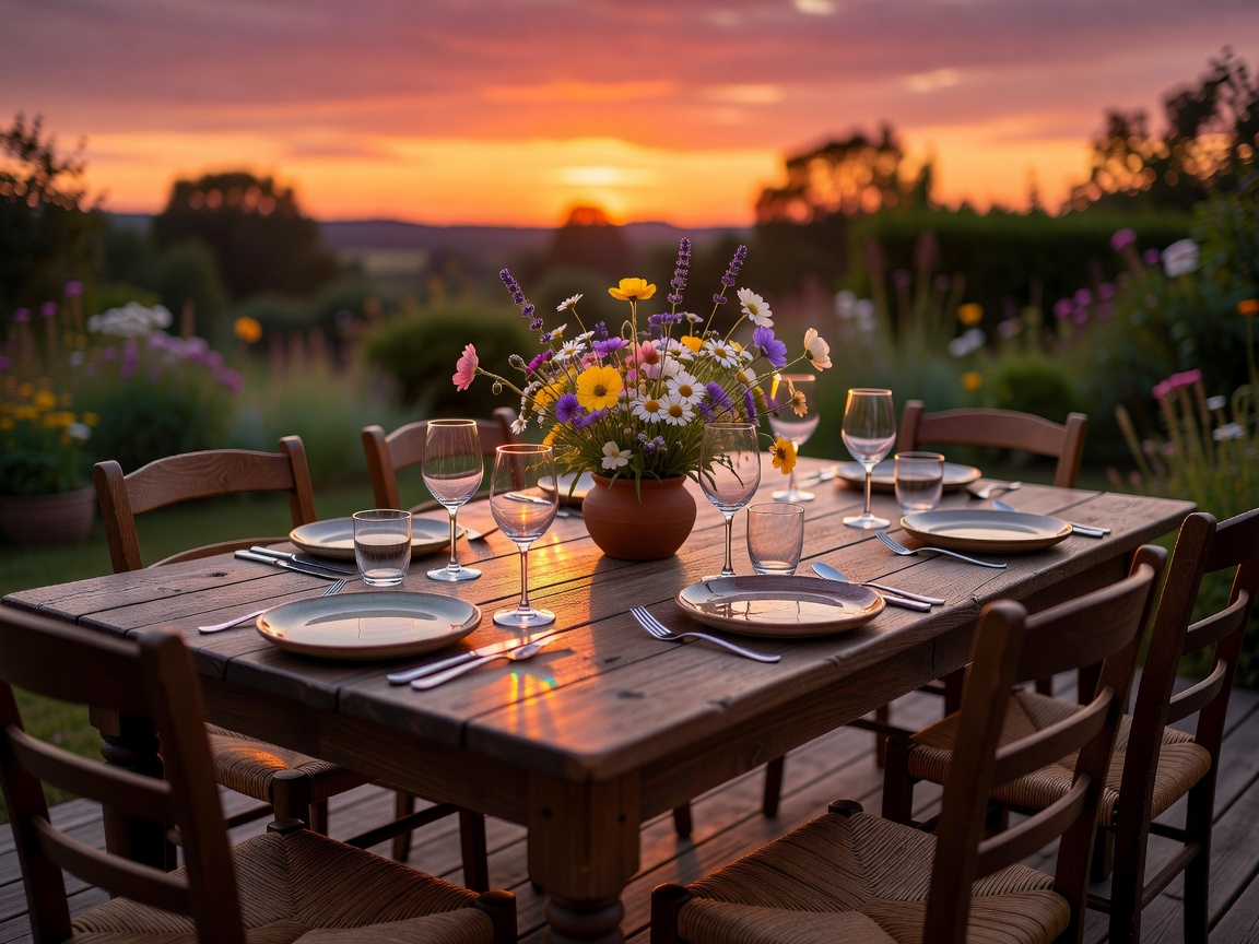Outdoor dining table set up at sunset