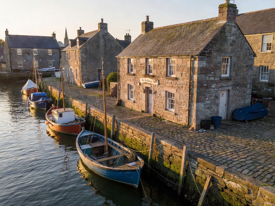 Quaint harbour town accommodation with boats docked nearby