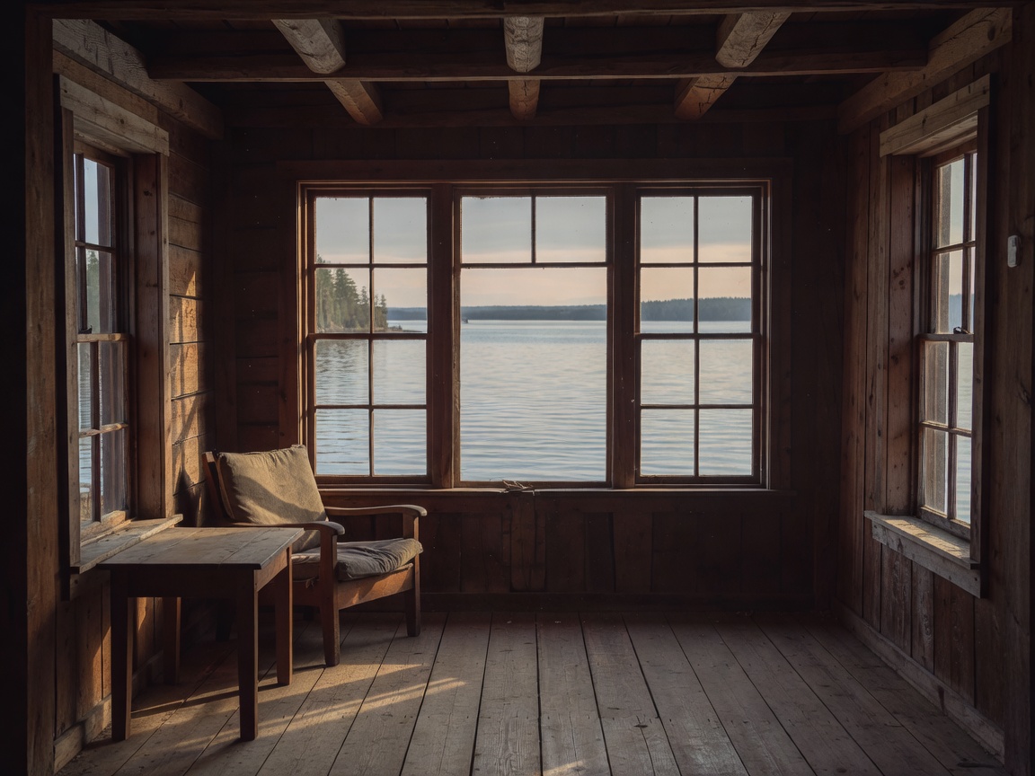 Rustic cabin interior looking out at the water