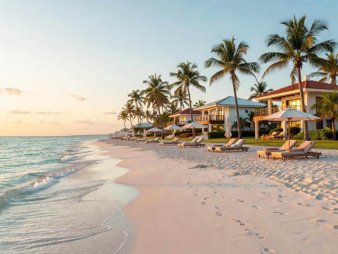 Sandy beach adjacent to a resort