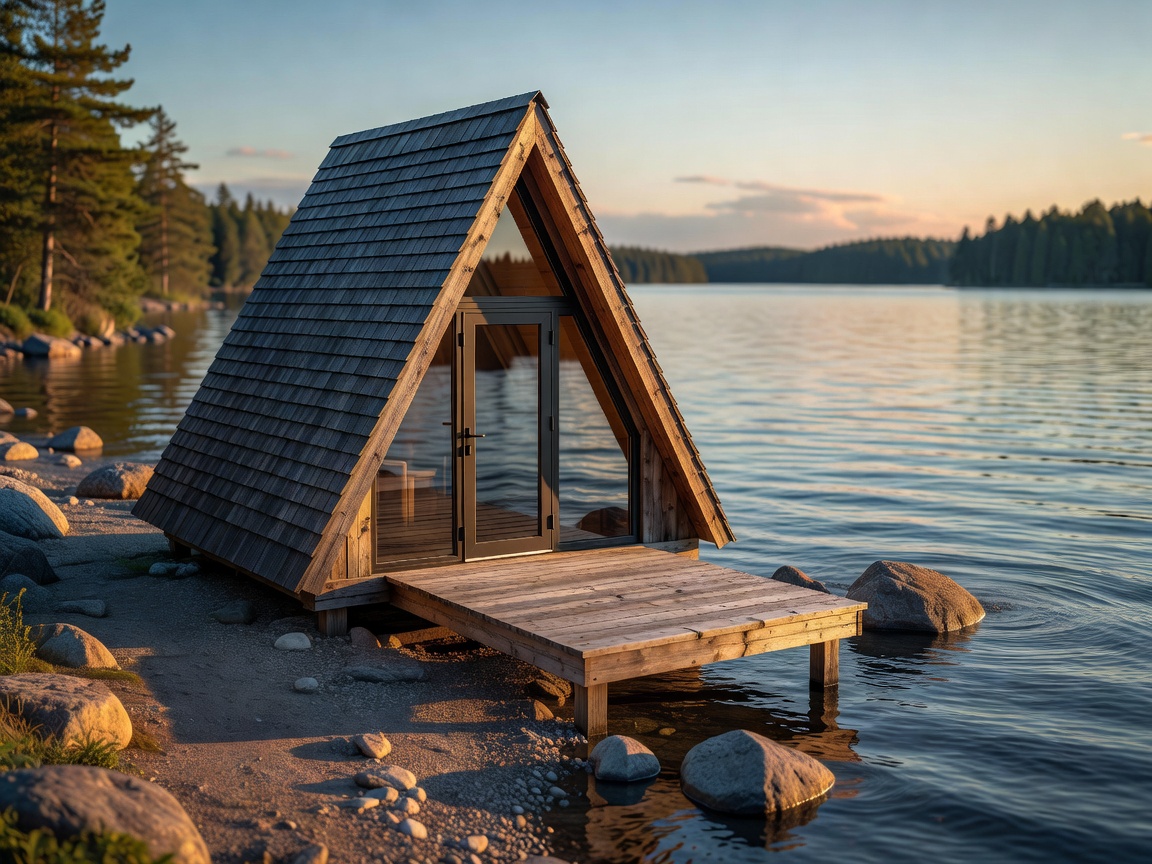 Small A-frame cabin near the water