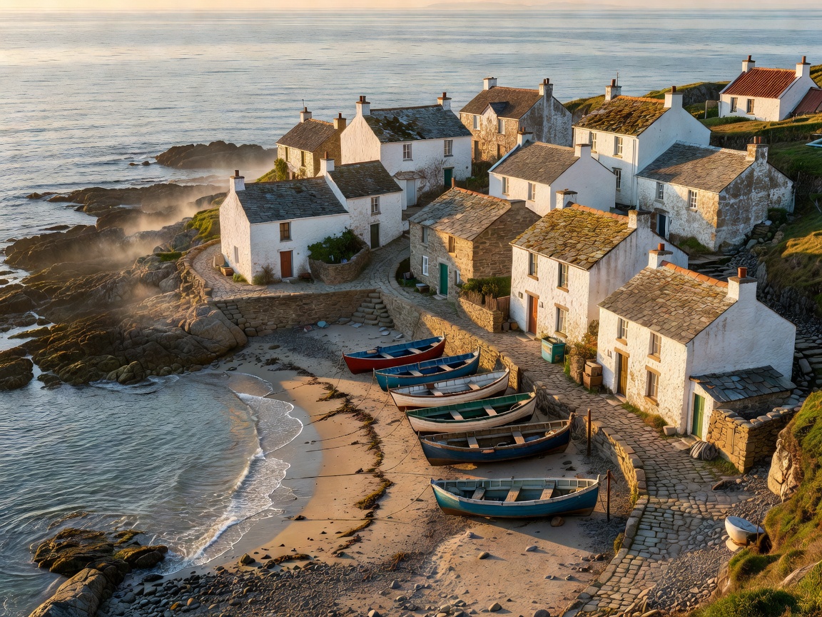 Small seaside village nestled against the shore