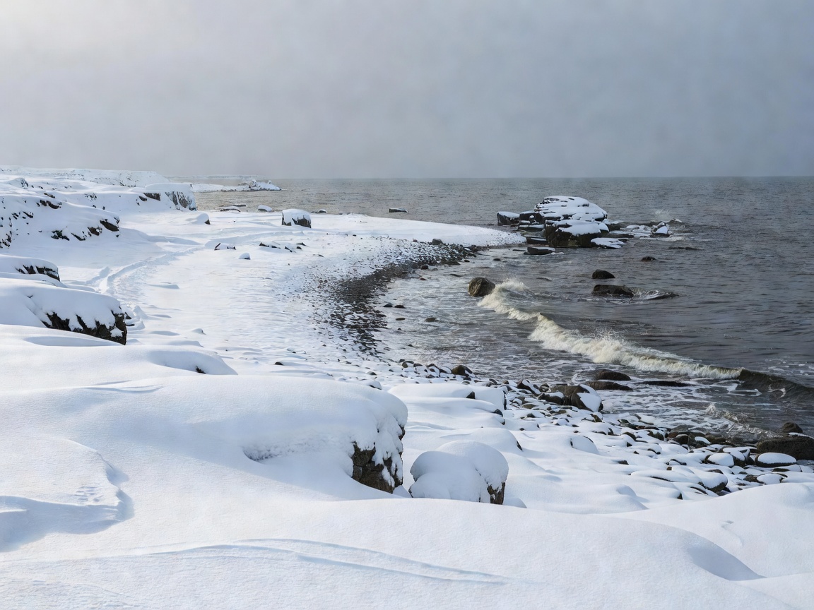 Snow covered coastal shoreline