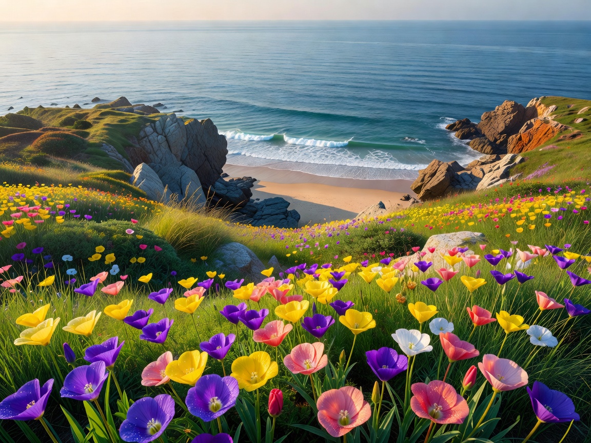 Spring coastal landscape with blooming flora