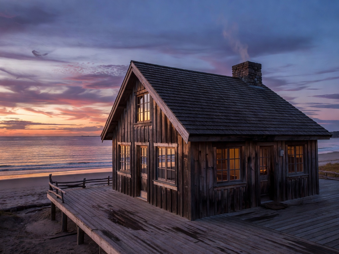 Wooden seaside lodge at twilight